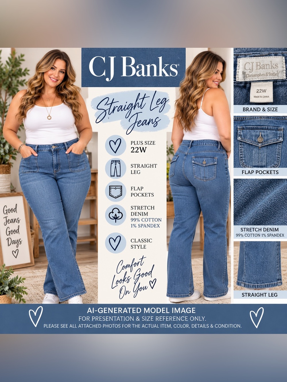 CJ Banks Straight Leg Stretch Jeans Blue 22W Flap Pockets